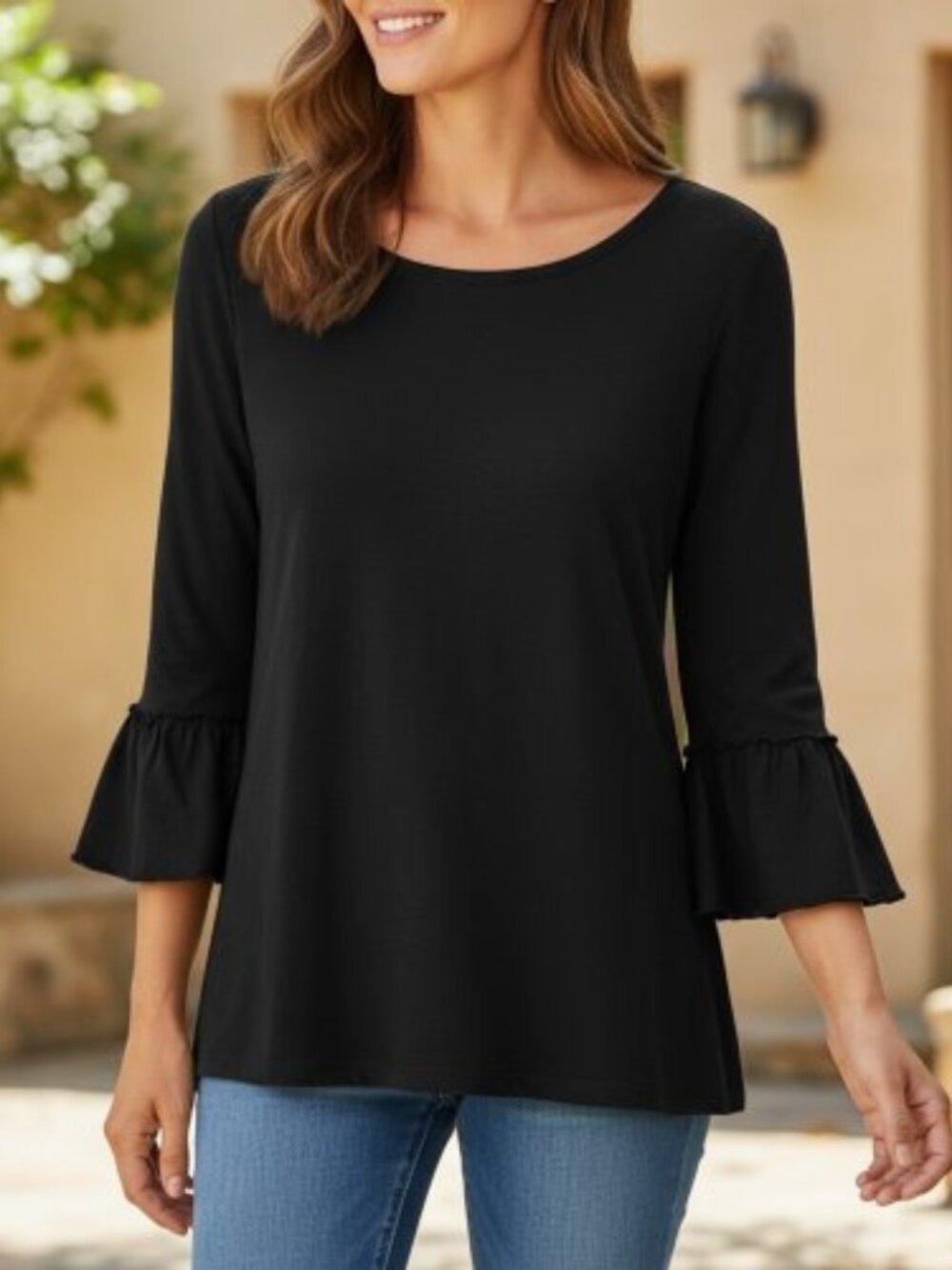 APT 9 Black Flounce Sleeve Pullover Top Ladies LARGE